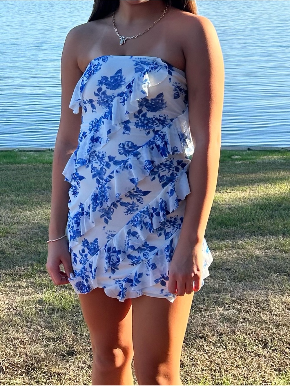The Vintage Shop White and Blue Floral Ruffle homecoming dress